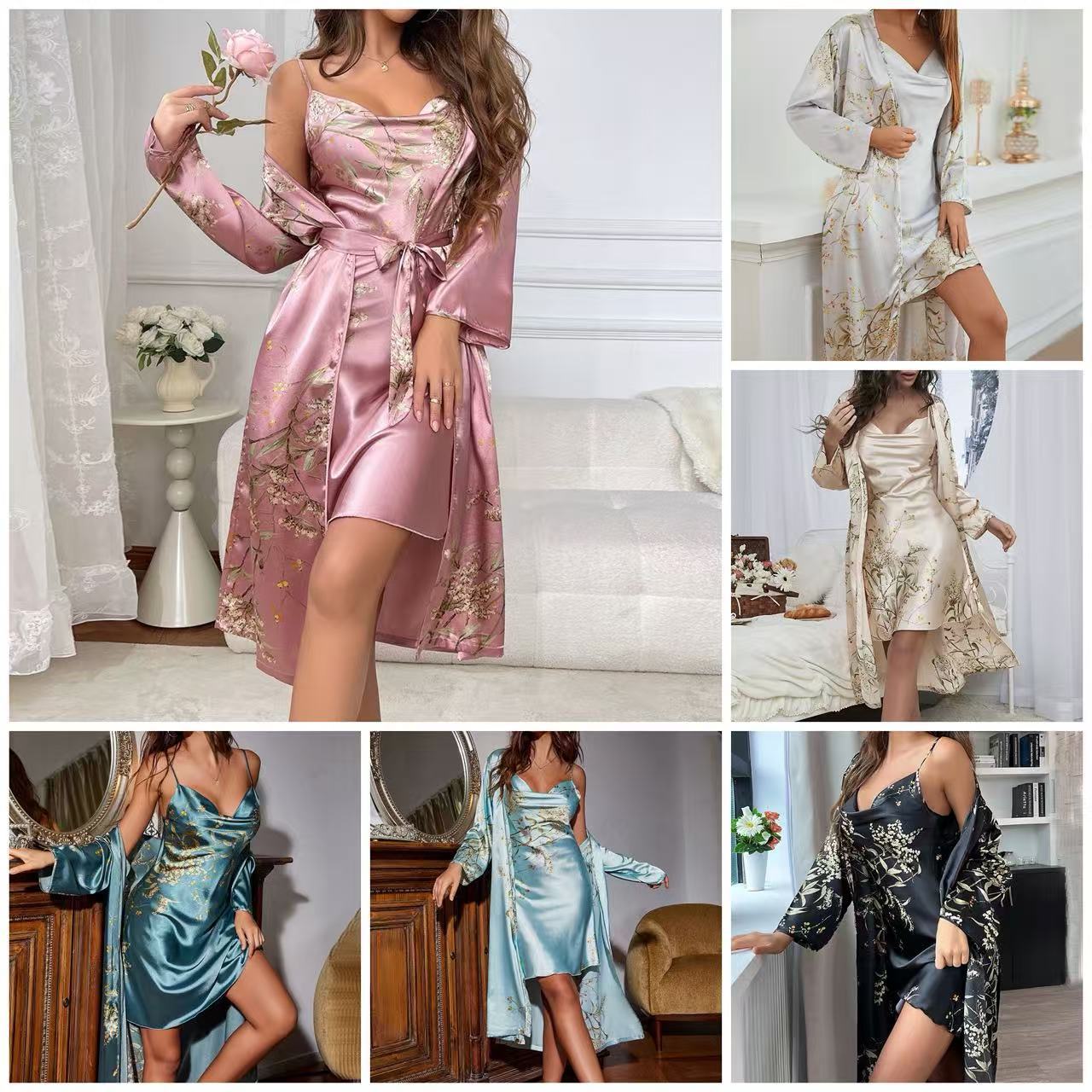 Camisole Women's All-Season Loungewear Tie Nightgown Two-Piece Set Thin Outerwear Mid-Length Pajama Set