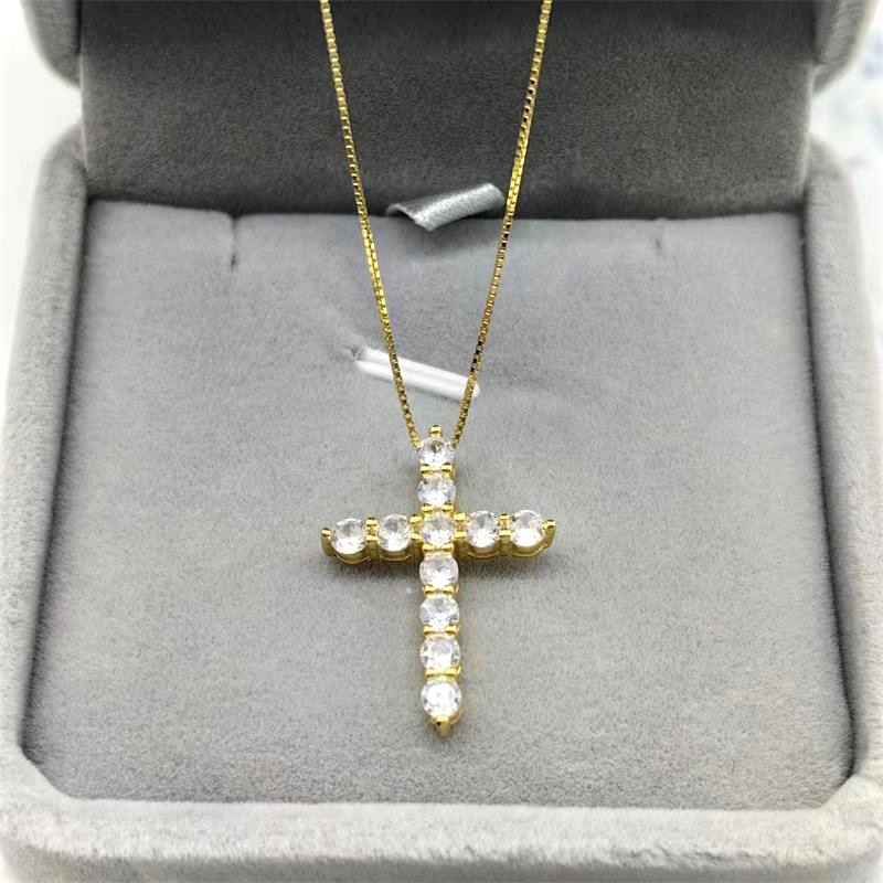 Cross Pattern 925 Sterling Silver Rhinestones Inlay Cross Pendant Necklace
