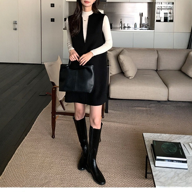 Simple Commuting Style 30% Merino Wool Dress for Women Deep V-Neck Woolen Vest Dress A-Line Dress Simple Commuting Style 30% Merino Wool Dress for Women Deep V-Neck Woolen Vest Dress A-Line Dress