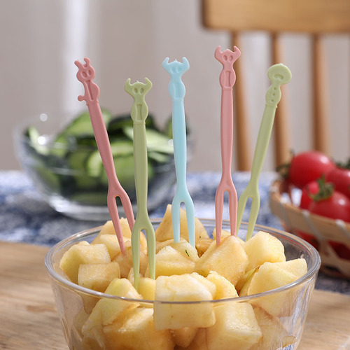 Disposable fruit fork plastic two teeth cute bagged fruit picks creative children's dessert small fork portable home