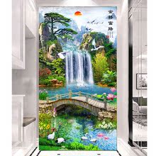 山水风景3D自粘流水生财墙贴风水画装饰玄关过道走廊客厅酒店壁画