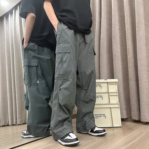 American-style cargo pants for men, spring/summer edition—Japanese retro-inspired streetwear brand, casual straight-leg long pants perfect for taller figures.