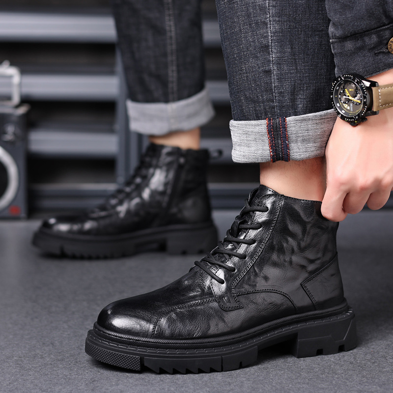 Primera capa de piel de oveja de los hombres botas Martin de alta superior forrado de lana caliente zapatos acolchados de algodón Mono de cuero botas de los hombres de moda botas de cuero