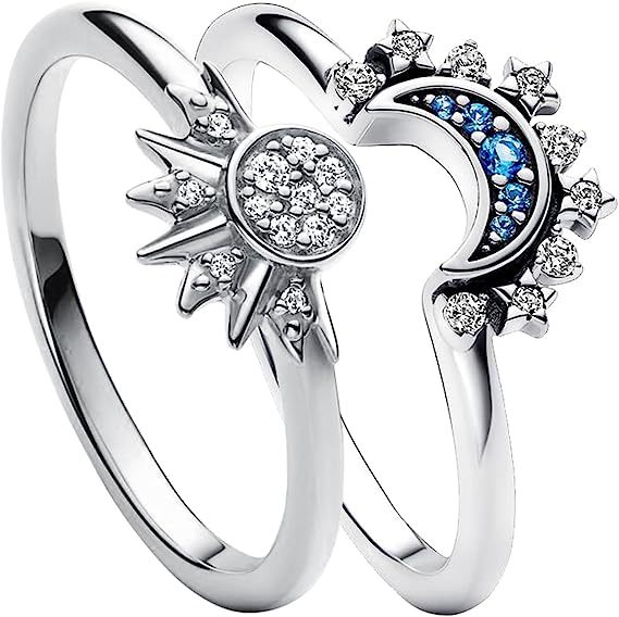 Nueva joyería europea y americana simple brillante Sun Blue Diamond Moon anillo de dos piezas para mujer para novia