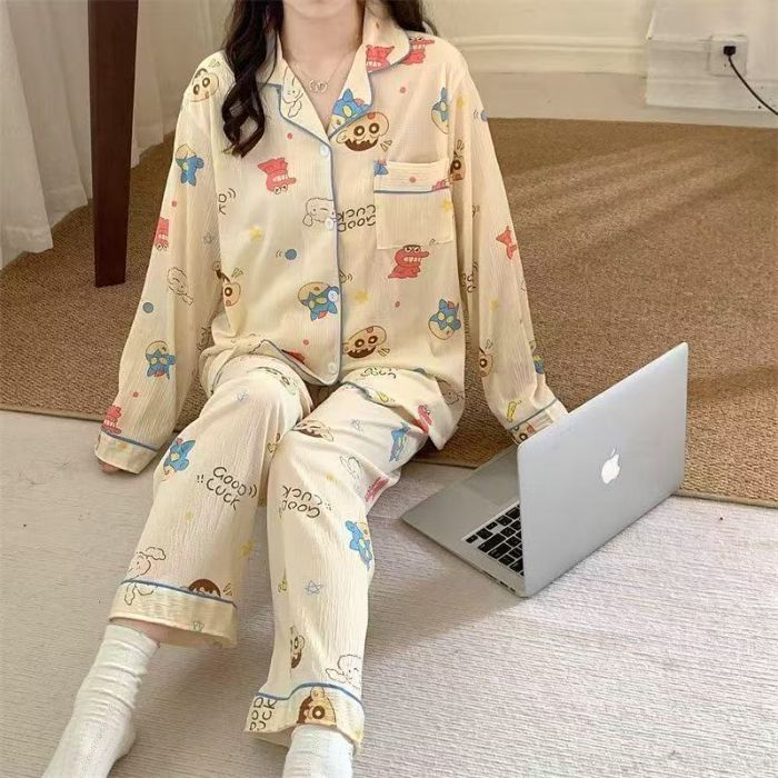 Al por mayor transfronterizo primavera y otoño dulce dibujos animados nubes de algodón pantalones de manga larga pijamas cardigans con solapa cubierta de ropa para el hogar