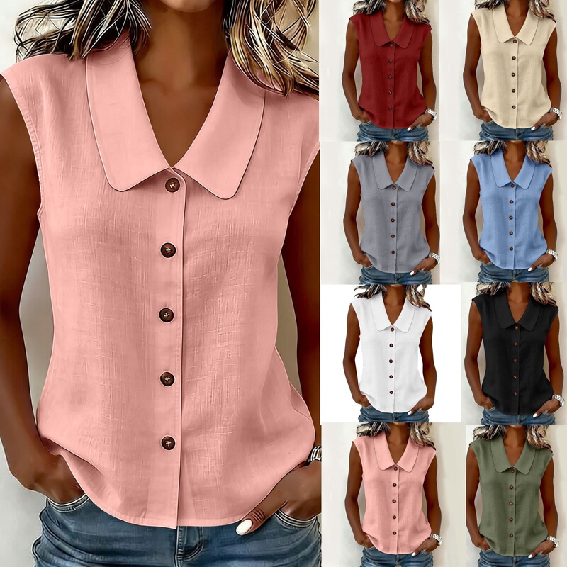 European and American Hot-Selling 2026 Cross-Border Exclusive Summer Women's Fashion Elegant Commuter Polo Collar Button-Up Sleeveless Top European and American Hot-Selling 2026 Cross-Border Exclusive Summer Women's Fashion Elegant Commuter Polo Collar Button-Up Sleeveless Top