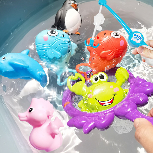 Baby water play bath toy fishing net fish-catching children infant water play toy soft rubber water play squeeze call spray water moving
