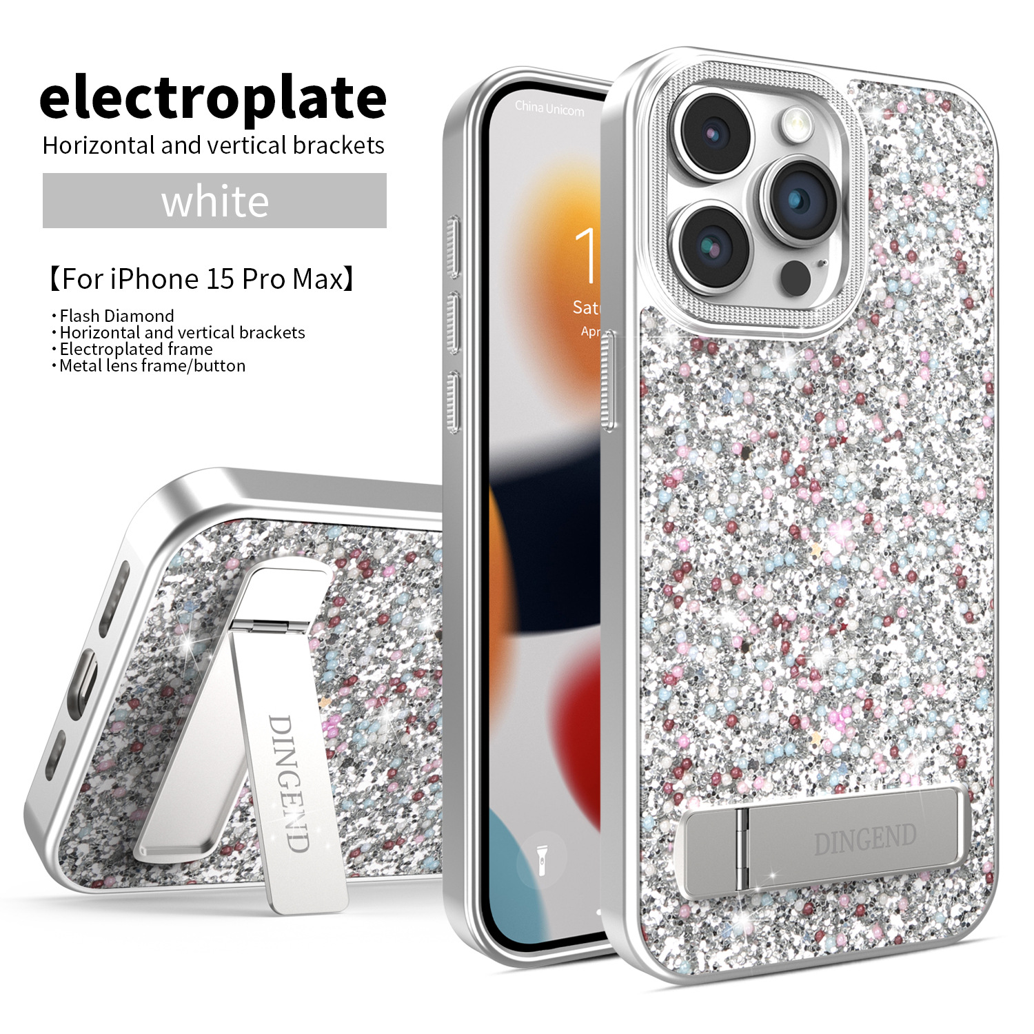 Ốp lưng iPhone đính đá sang trọng, chân đế kim cương, chống sốc viền dày cho 16 Pro Max / 15 / 14 Pro — Trắng đàn piano, Đen kinh điển, Màu vàng đậm