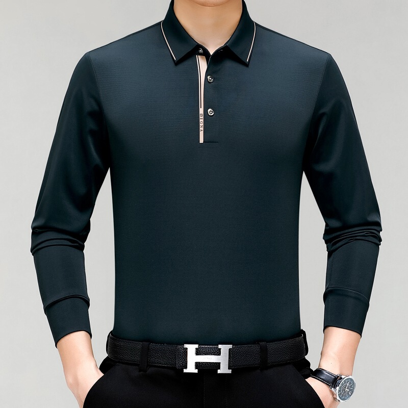 Recruiting Agents for Men's Silk Polo Shirts 2024 Spring and Autumn Casual Turn-Down Collar Long-Sleeve Seamless Tops for Middle-Aged Dads