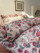 ins紅色郁金香小兔床上四件套全棉純棉1.5米被套床單三件套少女心