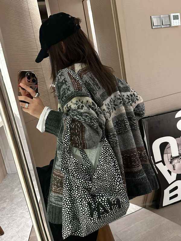 秋季上新费尔岛提花开衫毛衣女复古宽松慵懒风百搭外套针织上衣|undefined