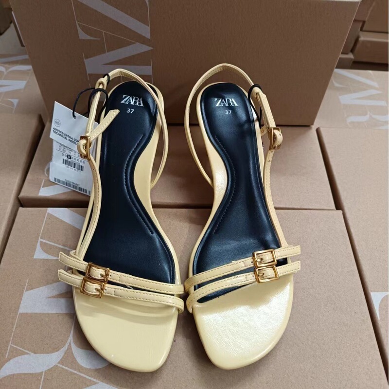 ZA Women's Shoes 2024 Summer New Women's Shoes Fashionable Elegant Yellow Buckle Open-Toe High Heel Sandals for Women