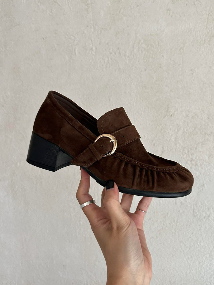 Giày lười nữ mũi tròn nhún gót thô, chất liệu nhung, gót 6 cm — Màu nâu chi tiết 8