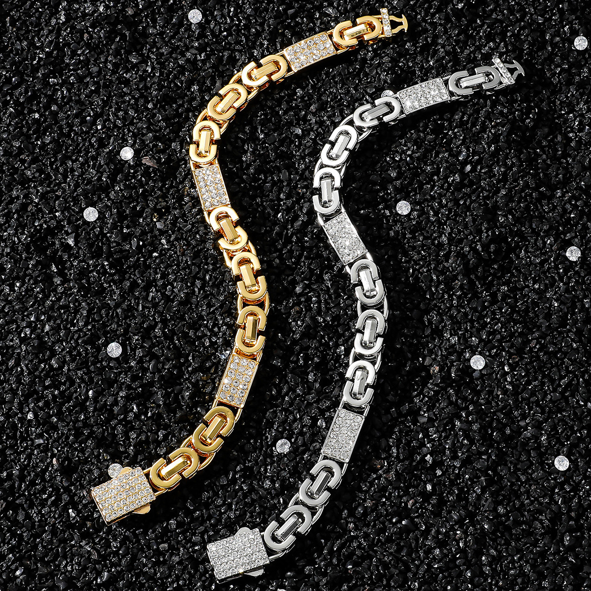 Golden Plated, White K Plated Plating Material Rhinestones Inlay Material Hip-Hop Geometric Zinc Alloy Inlay Rhinestones Men's Bracelets Men Hip Hop Bracelets