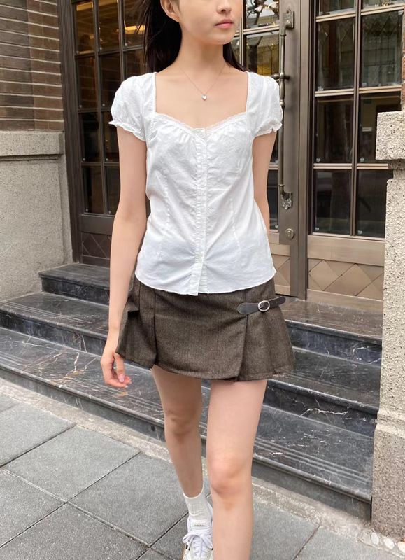 BM Style White Lace Bubble Sleeve Short-sleeved Shirt Top Women's Bm Korean Style Super Nice Waisted Short Shirt