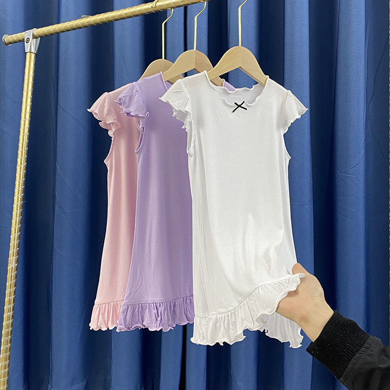 Ladies' and Girls' Summer Princess Style Sleep Gowns - Thin Short-Sleeve Air Conditioning Clothes for Middle and Small Children - High Elasticity Home Sleepwear