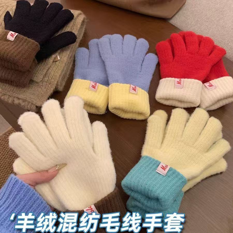 韩国东大门时尚保暖针织手套女冬季防寒加厚加长款露指可触屏撞色