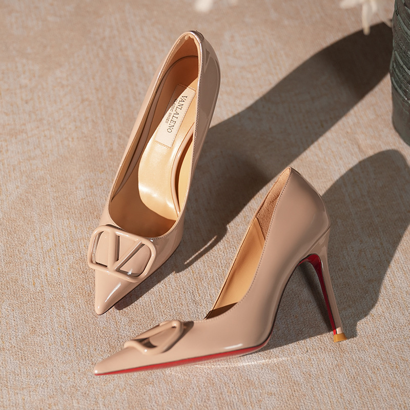 Red-Soled V-Strap Pumps ~ New Shallow Full-Wrap Stiletto High Heels with a Sophisticated Pointed-Toe French Patent Leather Sexy Women's Shoes