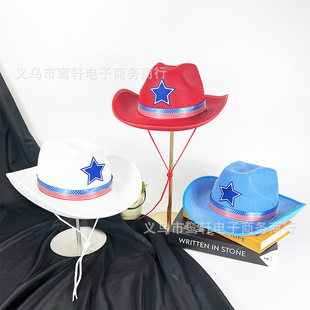 American Independence Day White Cowboy Hat Independence Day Red Pentagram Hem Decorative Hat Independence Day Cowboy Hat