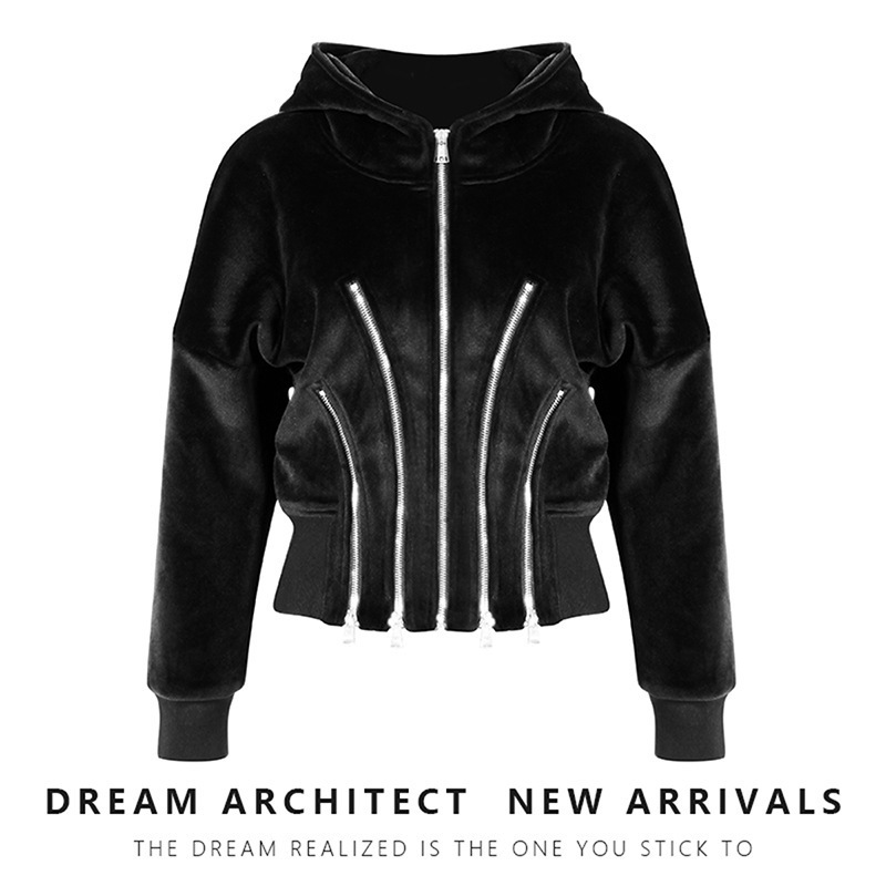 Gold Velvet Hooded Sweatshirt for Women 2025 Spring New Thickeneded Composite Multi-Metal Zipper Split Waist Jacket for Women