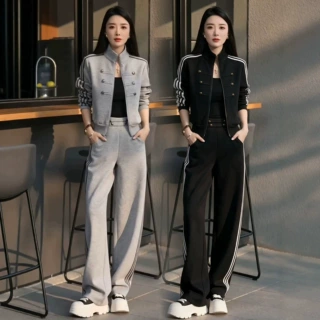 时尚套装女2026秋季新款洋气立领纽扣开衫外套阔腿裤运动风两件套