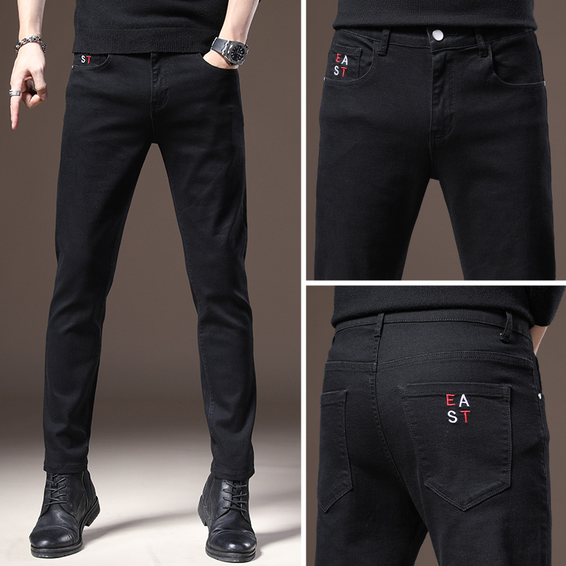 Autumn and winter men's casual jeans Korean version trendy stretch washed slim fit black straight tube with thick velvet_voghion.com