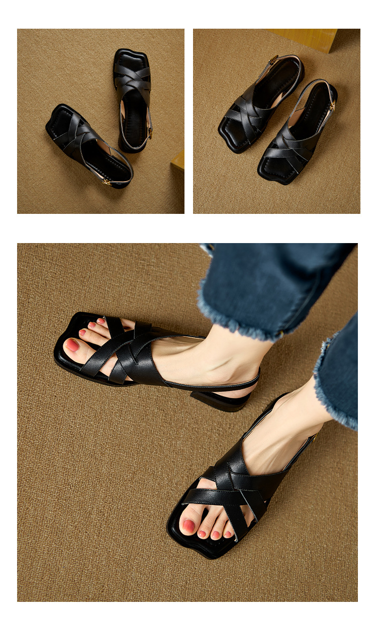 Dép sandal nữ da bò dệt thủ công kiểu La Mã đế bằng — nâu chi tiết 11
