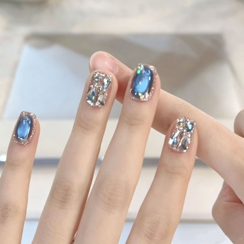 [Deep Sea Dream] New Style Pure Handmade Wearable Nails in Deep Blue Cat Eye Design, High-End Whitening Wearable Nail Pieces