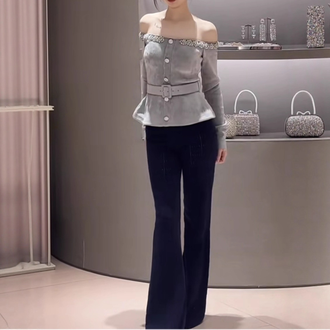 French Niche 2025 Autumn and Winter New Navy Blue Design Hollow Knitted Flared Pants