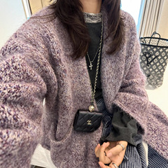 慵懒风宽松菱格纹软糯温柔风针织开衫秋季新款百搭混色洋气毛衣