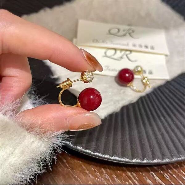 Burgundy fashionable demi-season earrings from pearl