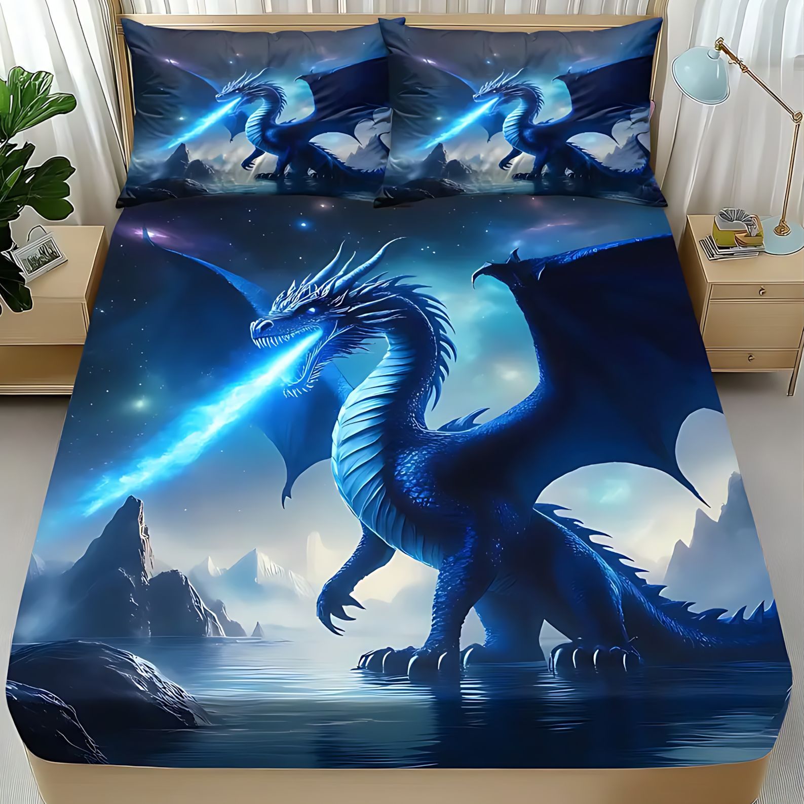 TEMU / JIT multicolor cool dragón de impresión digital 3D cama de cama de cama kit de almohada exclusivo a través de la frontera