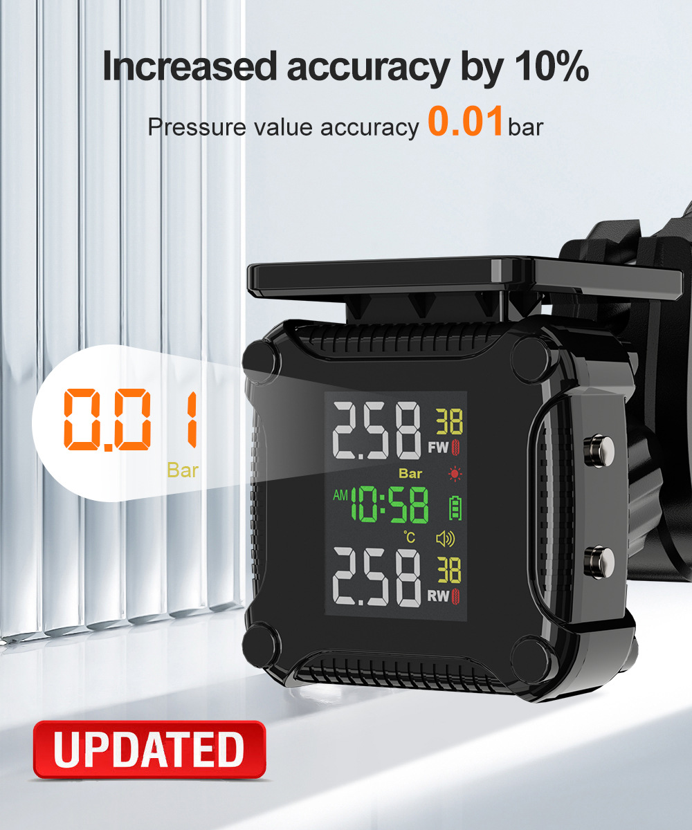 Motorcycle Tire Pressure Monitor, Motorcycle Tire Pressure Solar-Powered High-Precision Sensor Detector, Portable