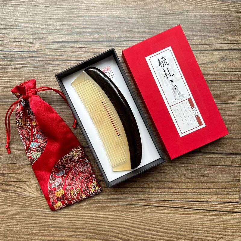 メーカー卸売 厚手ハンドル 黒檀櫛 羊角象嵌 紫檀牛角櫛 ギフトボックス 女性向けお土産|undefined