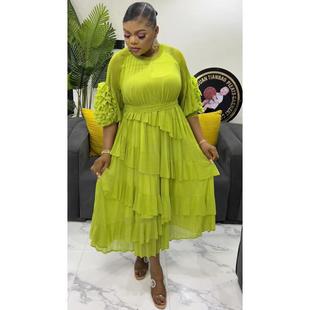 African Cross-Border Pleated Women's Plus-Size Dress with Fashionable Bell Sleeves, Hand-Cranked Floral Design, Elegant and Stylish Foreign Trade Women's Long Dress
