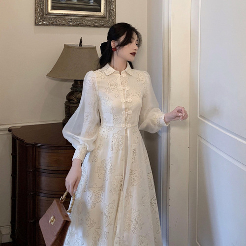 French-style modified cheongsam—lightweight, ethereal dress for young girls; a designer, niche, sophisticated two-piece skirt set.