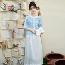夏季女装微胖显瘦茶系穿搭配一整套梨型身材开衫连衣裙子两件套装