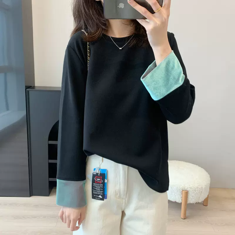 新中式设计 24春季新款 古典美撞色丝绒袖设计感宽松黑色卫衣上衣