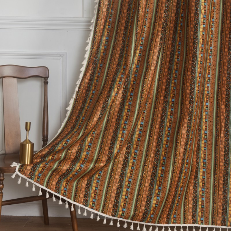 Le Xu Xiubo Bohemian Ethnic Style Curtain Finished Wholesale Cotton Linen Gold Striped Tassel Homestay Floating Curtain