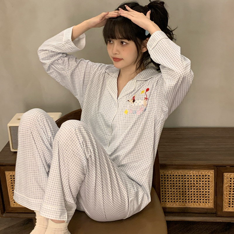 Pajamas de algodón coreano de primavera y otoño de mujeres pantalones de manga larga lindo perro salchicha estudiantes de dibujos animados simple cardigans ropa para el hogar