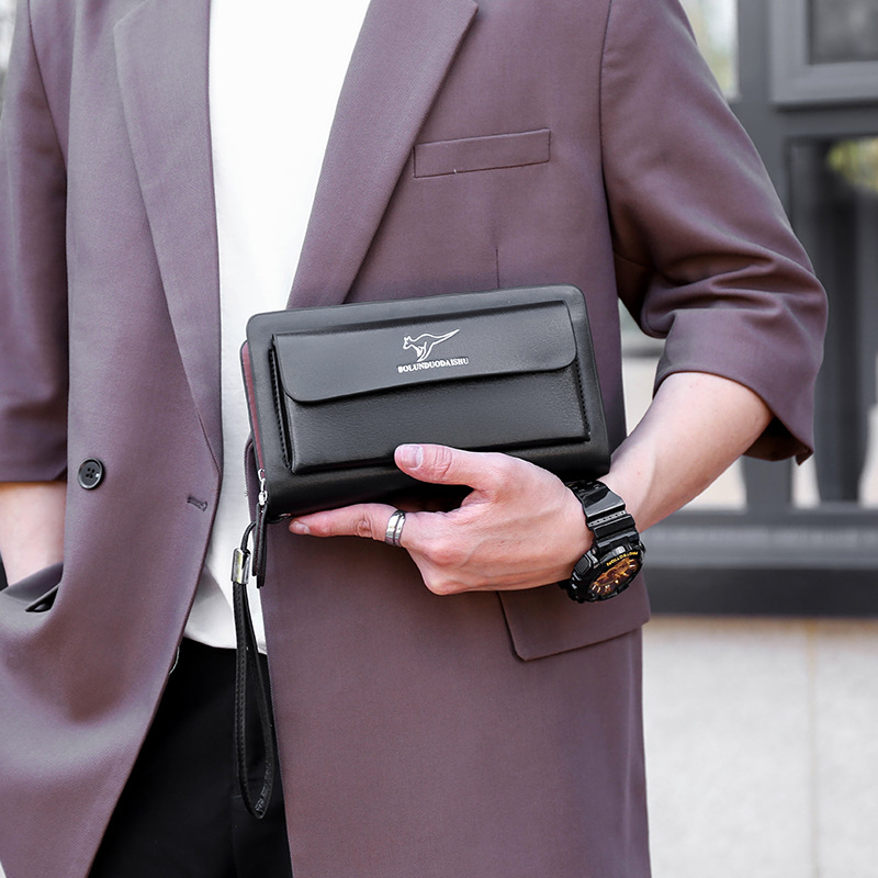Men's Large Capacity Clutch Bag Double Zipper Long Wallet Stylish Casual Handbag Trendy Mobile Phone Bag Black Brown_voghion.com