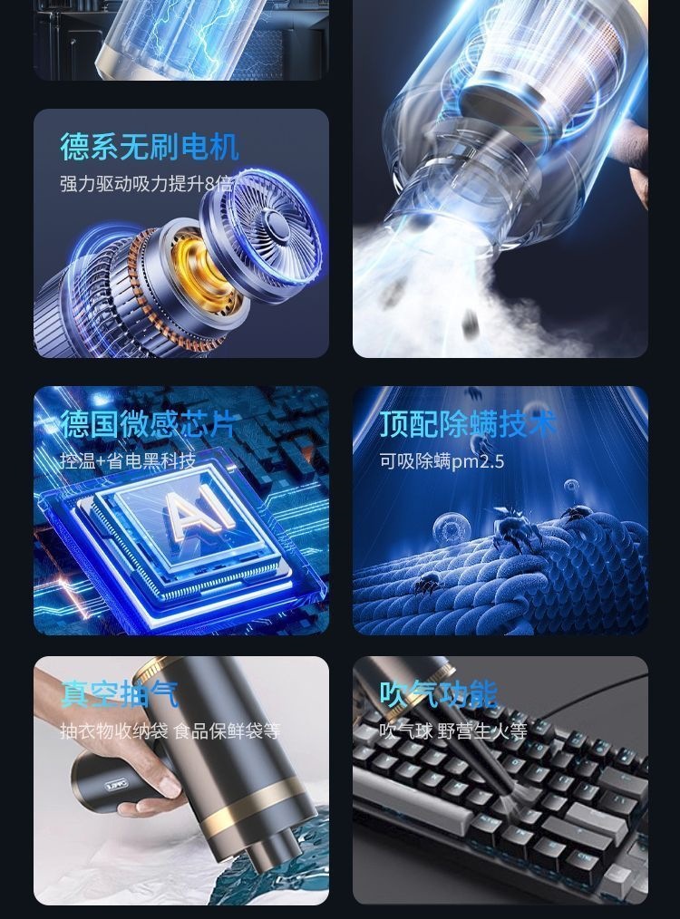 Kafeile Car Vacuum Cleaner, Wireless Charging, Dual-use for Suction and Blowing, Small Handheld for Home and Car, High Power