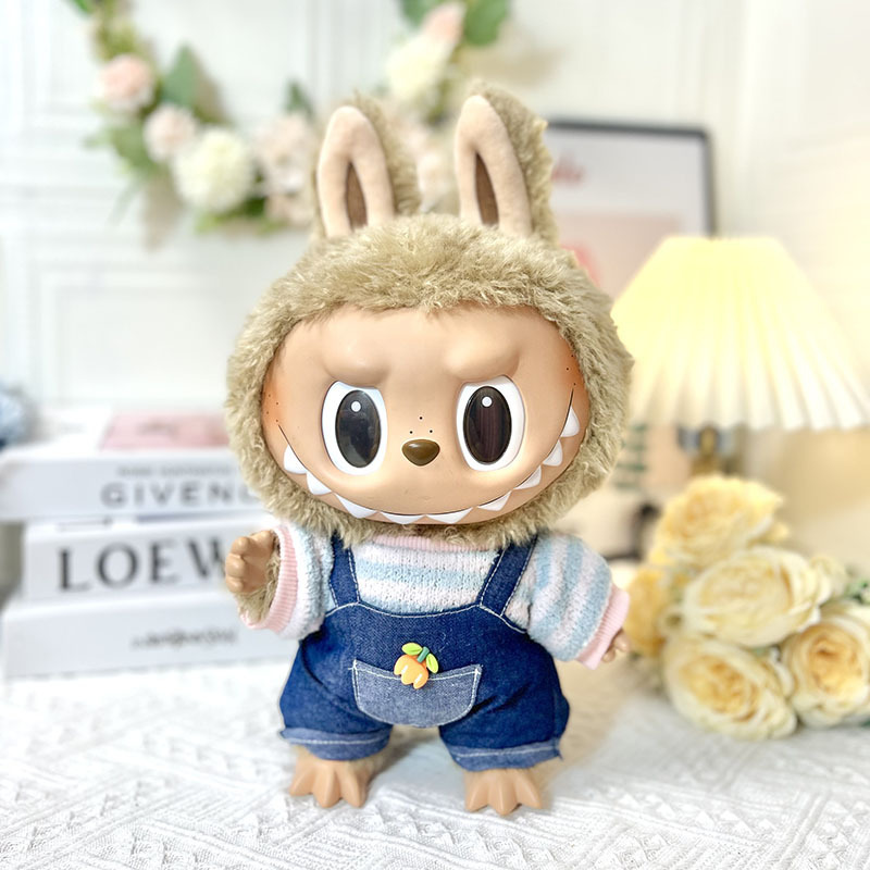 38cm Labubu 봉제 인형 의류 블루 파우더 줄무늬 당근 스트랩 세트 귀여운 Labubu 인형