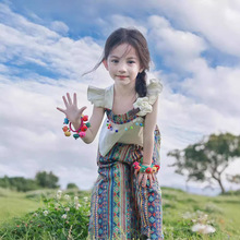 女童夏装民族风套装2024新款中大童洋气飞飞袖T恤九分裤两件套潮