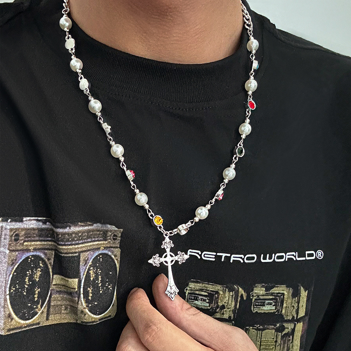 European and American Hip-Hop Style Imitation Pearl Cross Necklace Men's Trendy Fashion Personalized Crystal Clavicle Chain Cross-Border Men's Jewelry