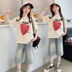 女童牛仔短褲套裝夏季薄款2024中大童兒童裝夏天T恤短袖時髦夏裝