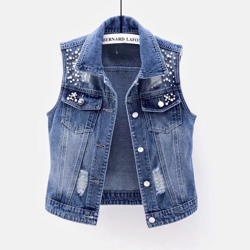 2025 Spring and Autumn Denim Vest Women's Short Washed Hole Beaded Sleeveless Tops Slim Top