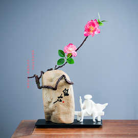 好石寨 粗陶仿石花器摆件轻奢微景观装饰品 樱花禅意文创意境小景