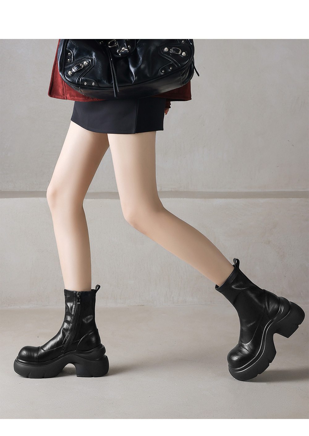 Boot nữ cổ thấp đế dày gót vuông co giãn da thật mùa thu đông — Lớp lót nhung màu nâu, nhung đen, Li đơn màu nâu, Lớp lót đơn màu đen chi tiết 6