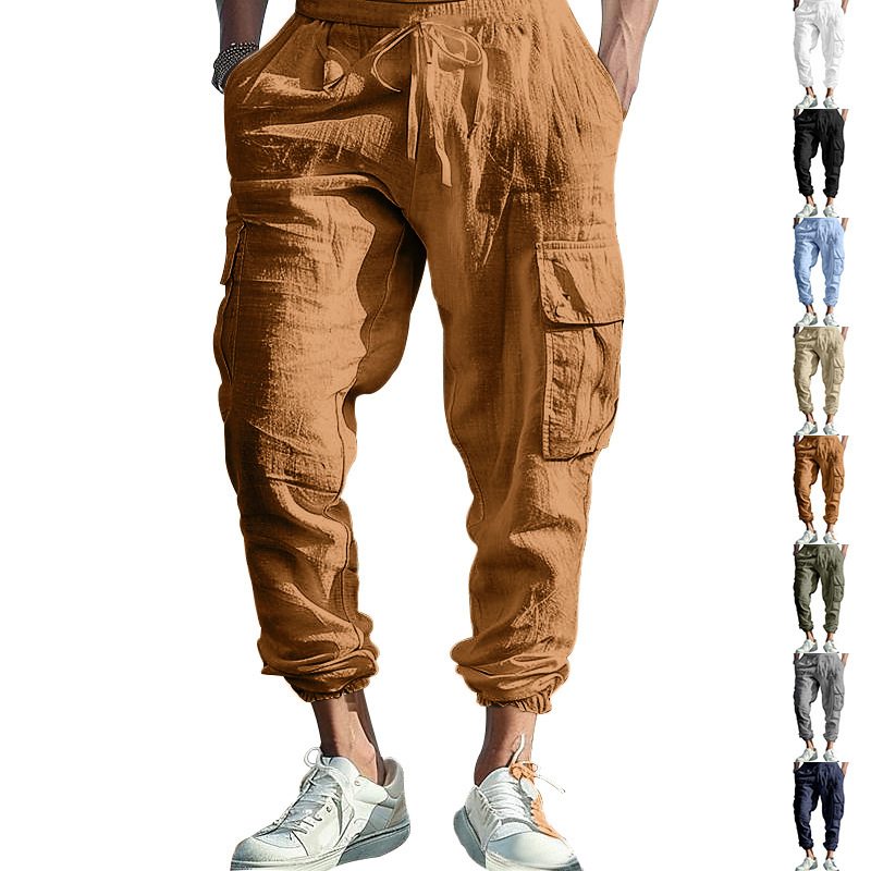 Amazon Workwear Trousers Casual Men's plus size Drawstring Multi-Pocket Wide Tube Beam Thin Cotton and Linen Men's Pants Summer